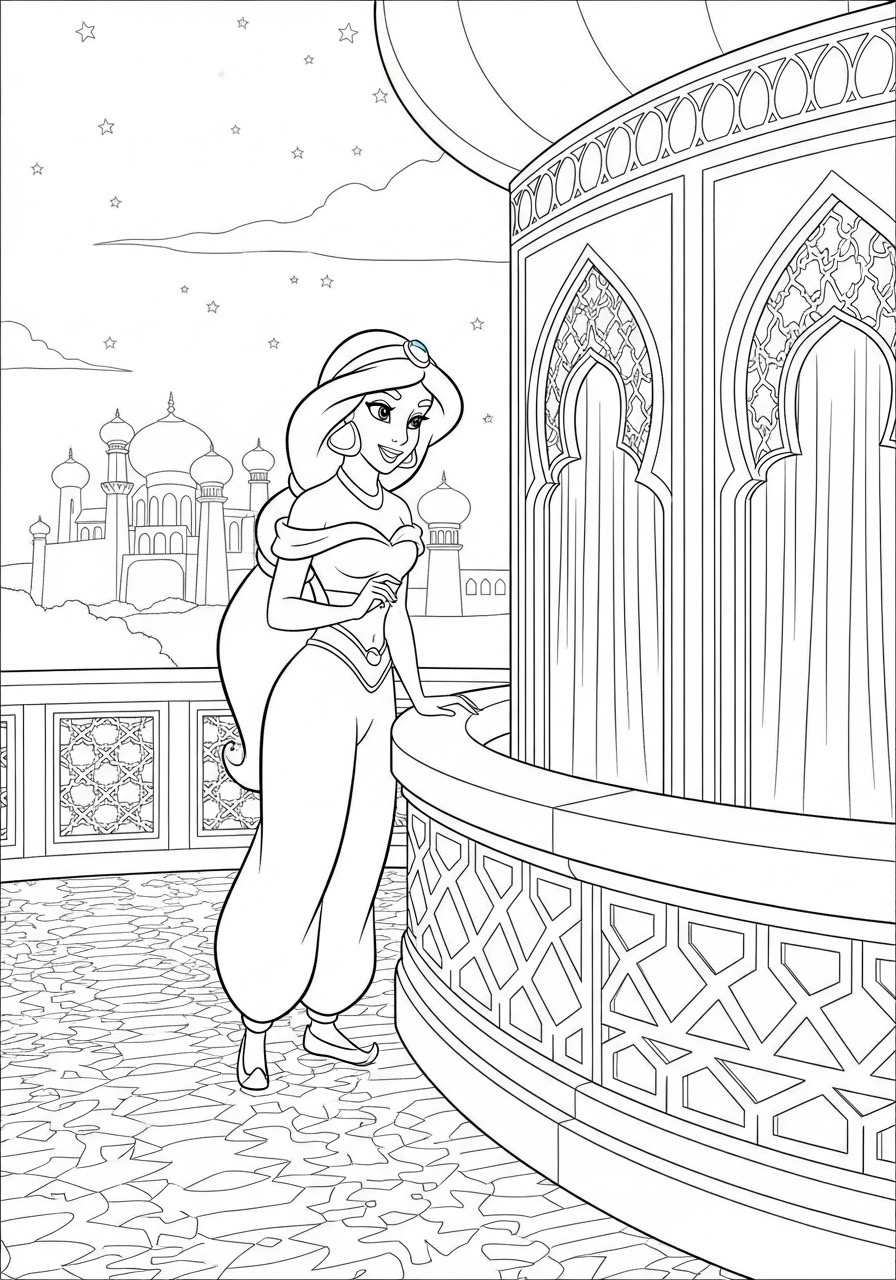 Desenho da Princesa da Disney Jasmine em palácio para colorir