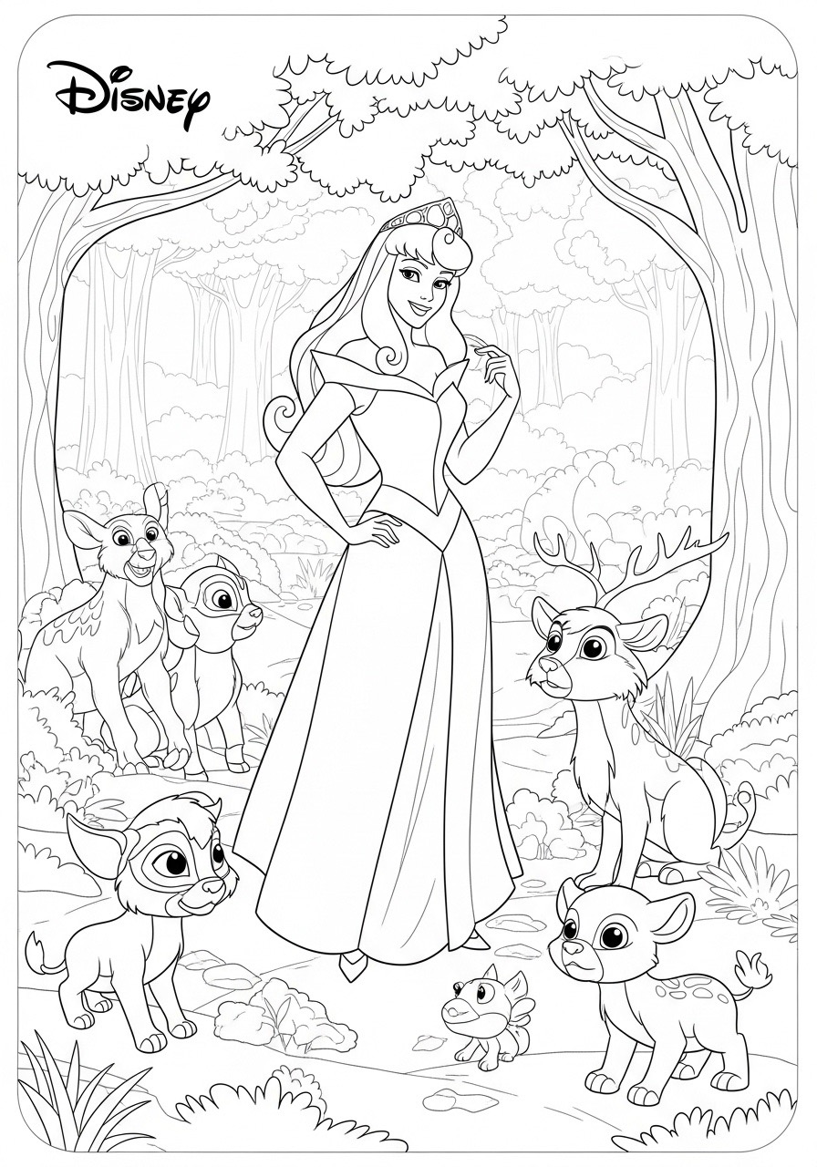 Desenho da Princesa da Disney Aurora rodeada de animais para colorir
