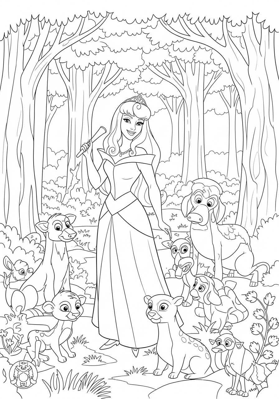 Desenho da Princesa da Disney Aurora com amigos animais para colorir