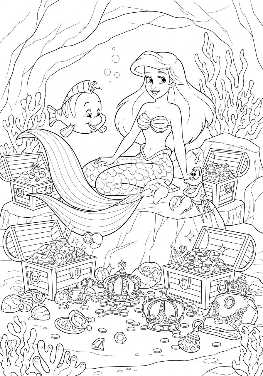 Desenho da Princesa da Disney Ariel rodeada de tesouros marinhos
