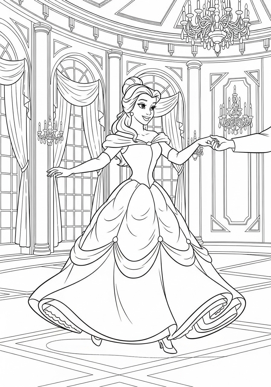 Desenho da Princesa da Disney Bela dançando no salão para colorir