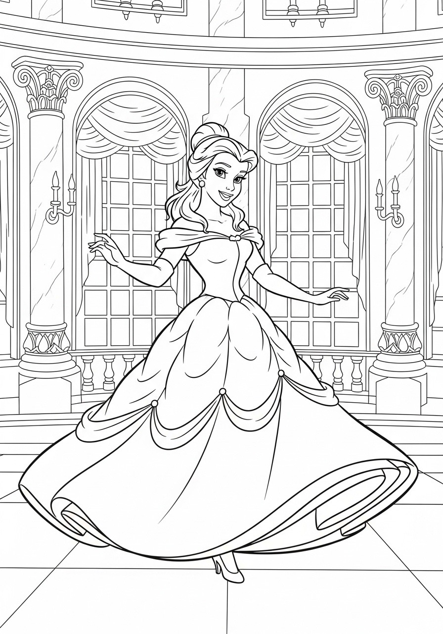 Desenho da Princesa da Disney Bela em vestido para colorir