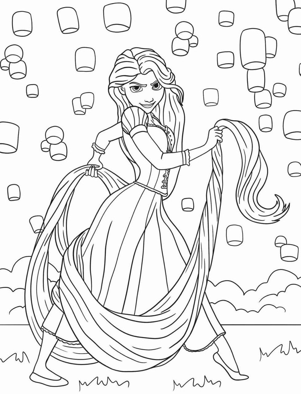 Desenho da Princesa Rapunzel com seus cabelos longos para colorir