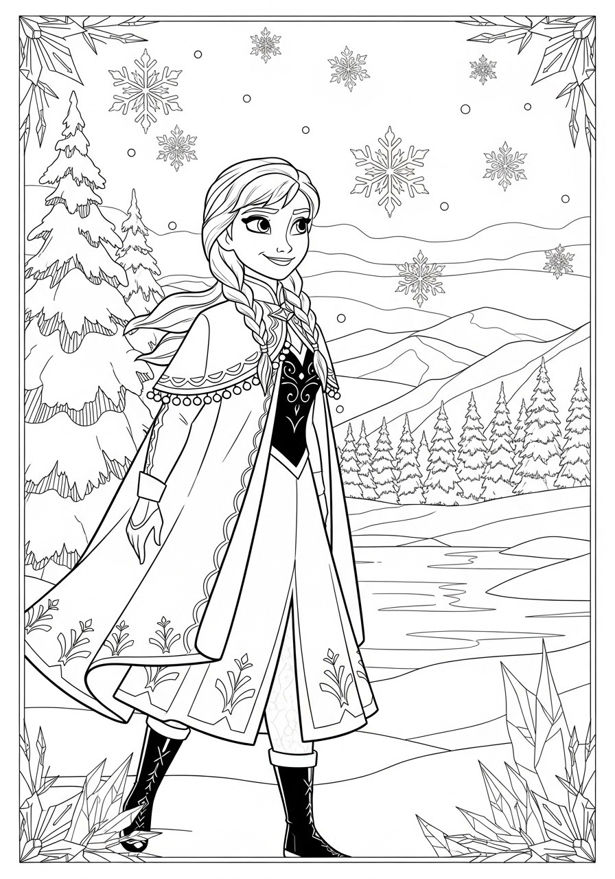 Desenho da Princesa da Disney Elsa em cenário de inverno para colorir