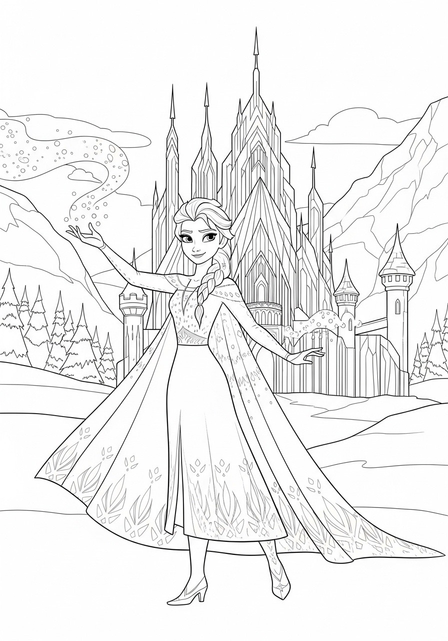 Desenho da Princesa da Disney Elsa com castelo para colorir