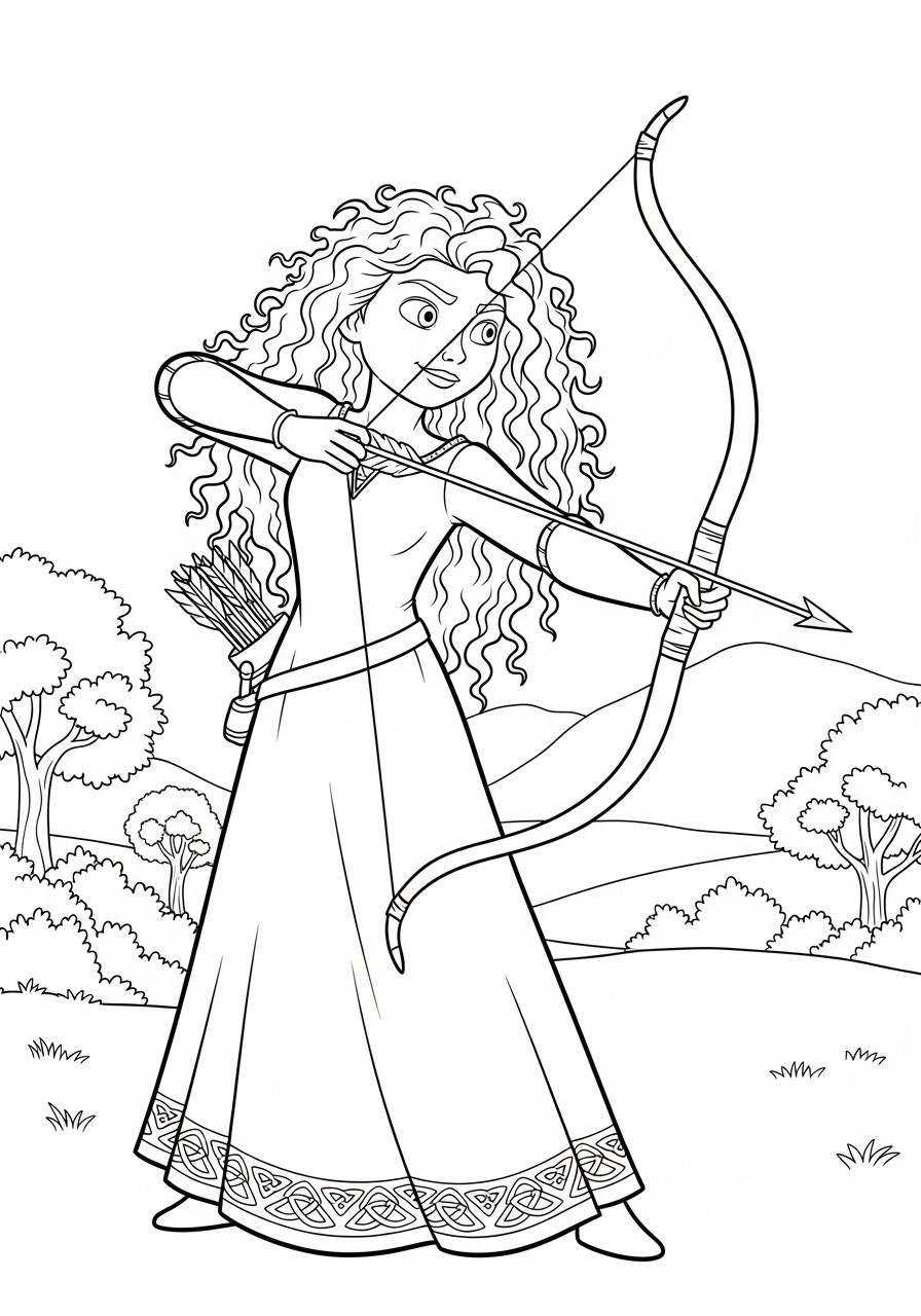 Desenho da Princesa da Disney Mérida com arco e flecha para colorir