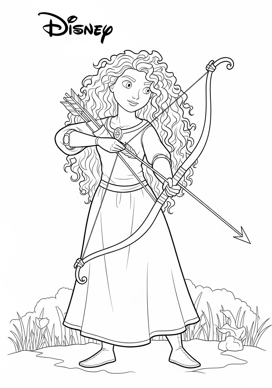 Desenho da Princesa da Disney Mérida com arco e flecha para colorir