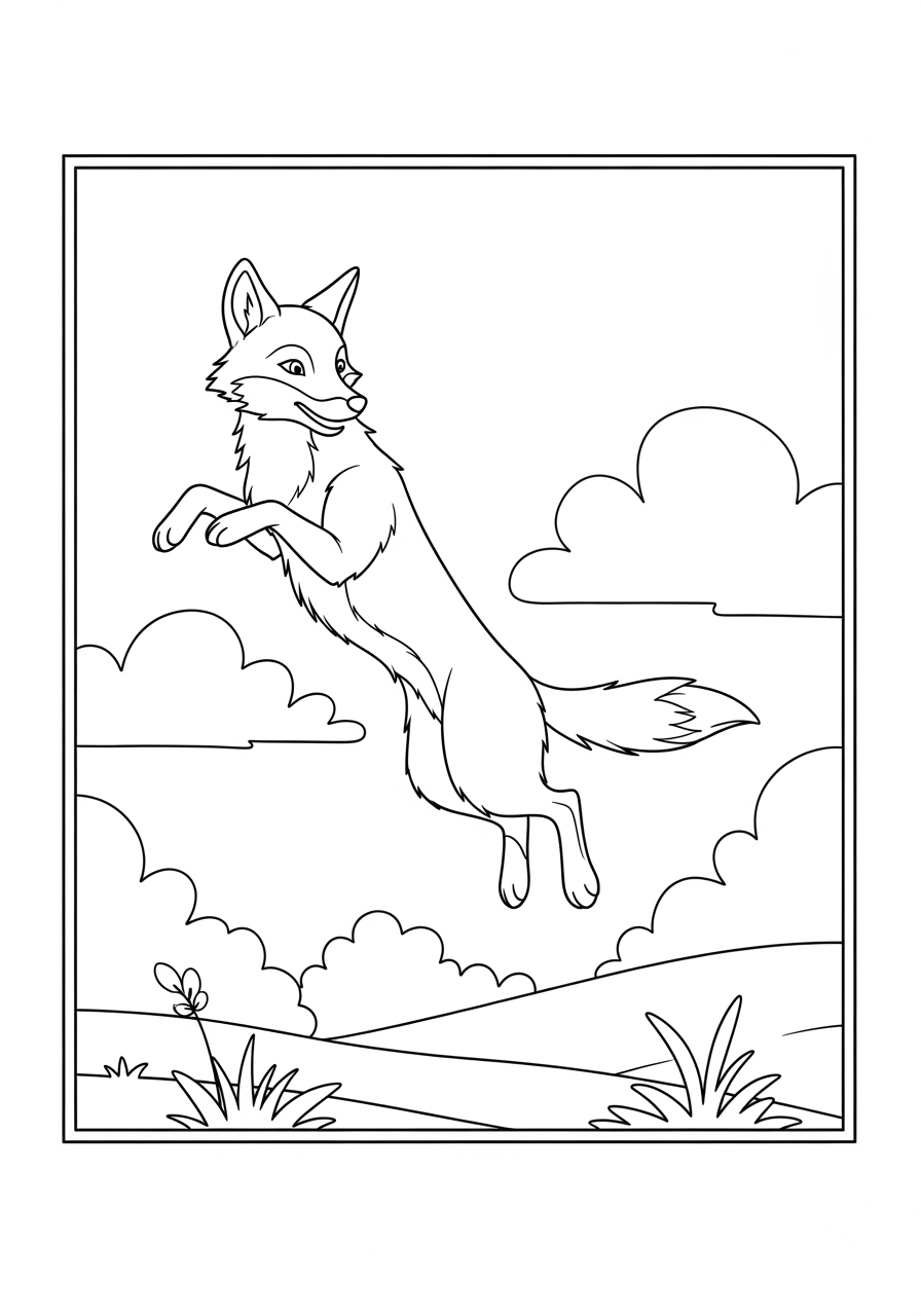 Desenho de Raposa Saltando em Cenário Natural para colorir