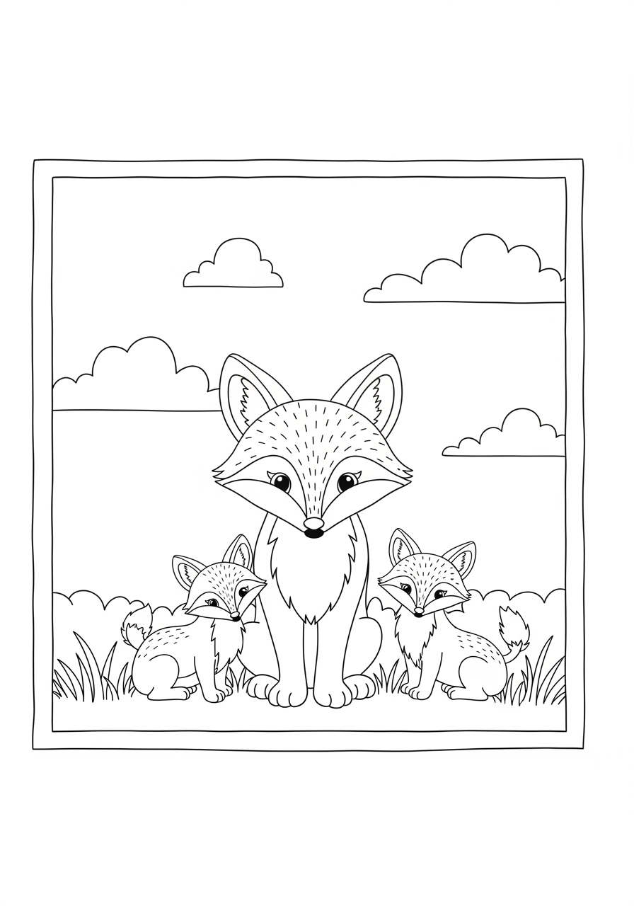 Desenho de Raposas Fofas em ambiente para colorir