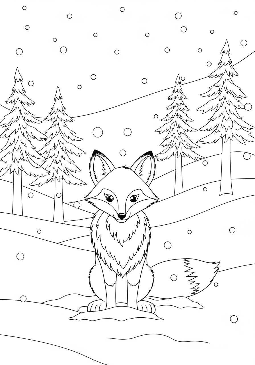 Desenho de Raposa Realista em ambiente nevado para colorir
