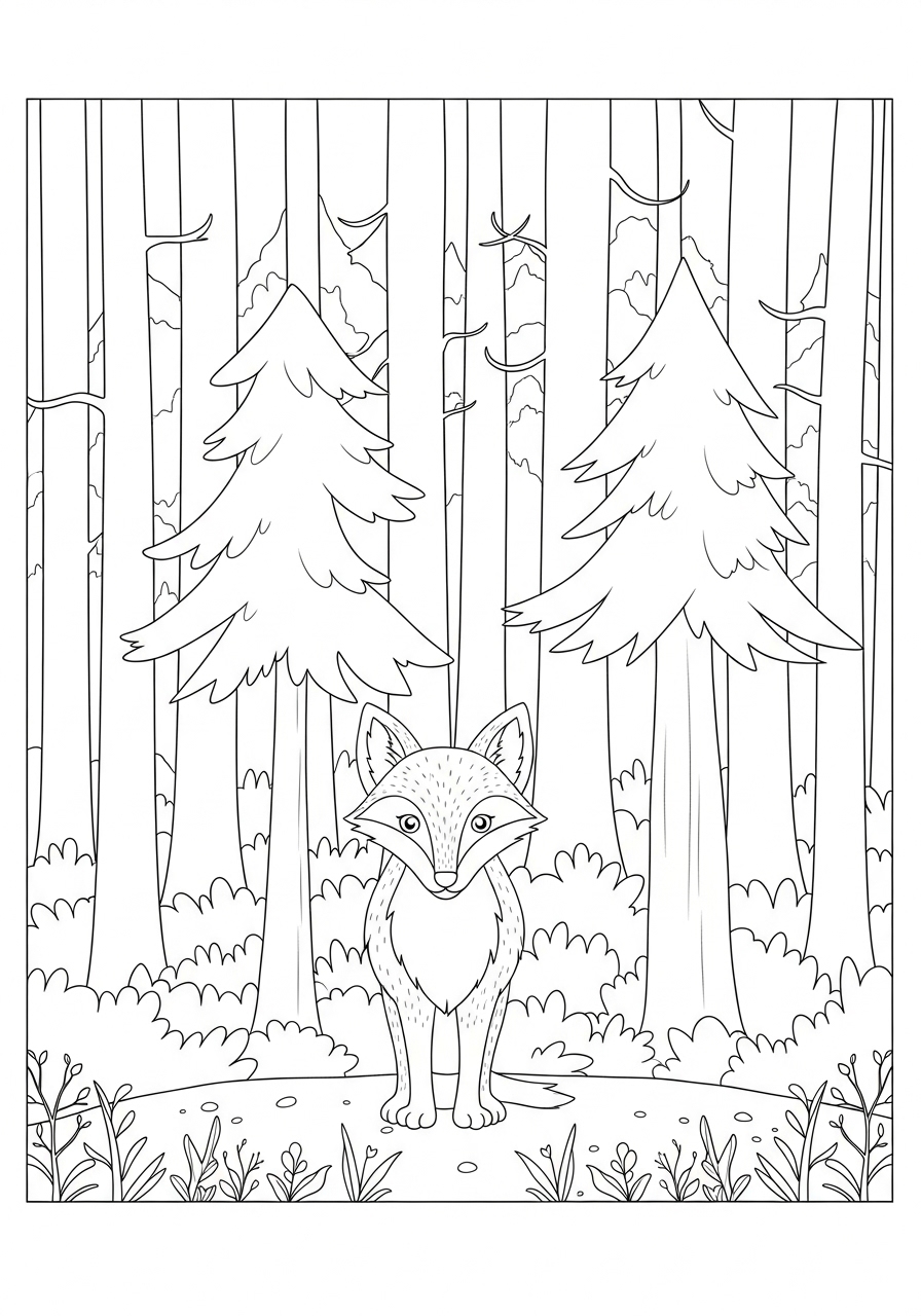 Desenho de Raposa Realista em Floresta para colorir