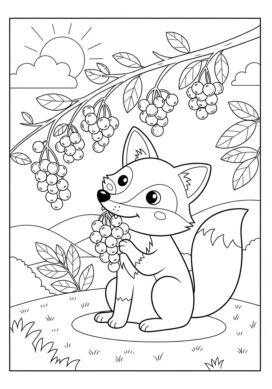 Desenho de Raposa Simples segurando frutas para colorir