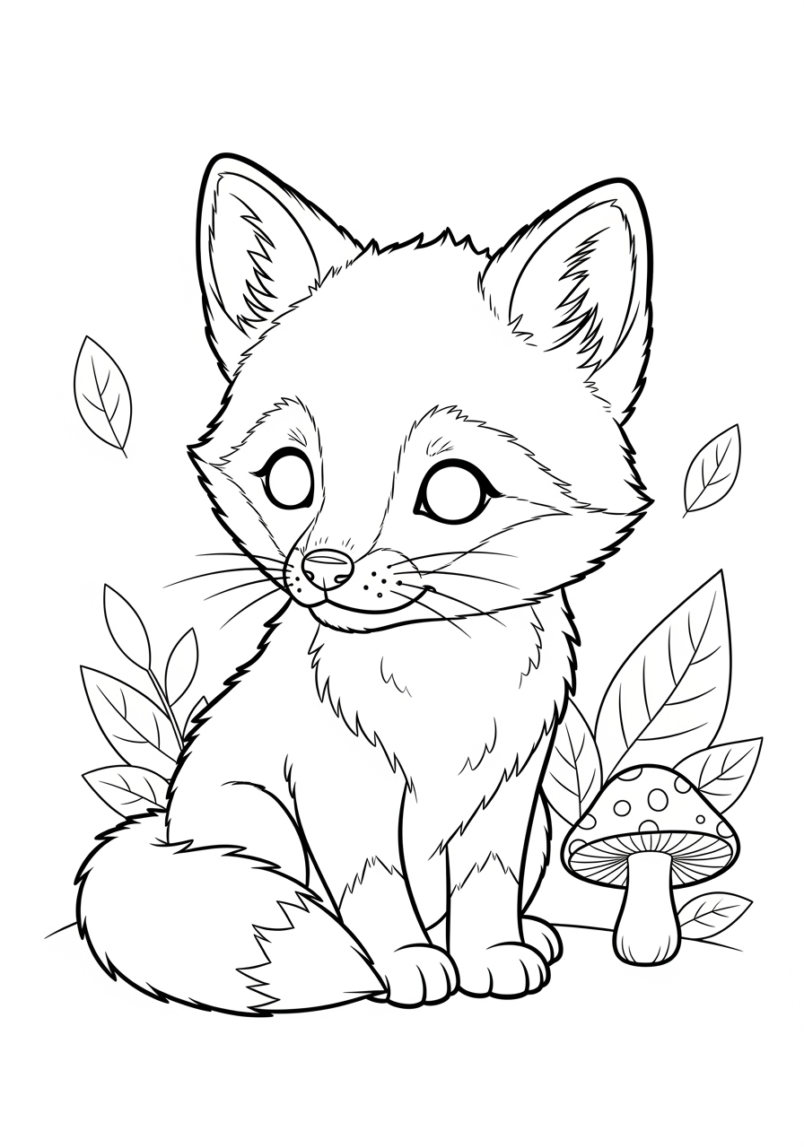 Desenho de Raposa Fofa com Cogumelo para colorir