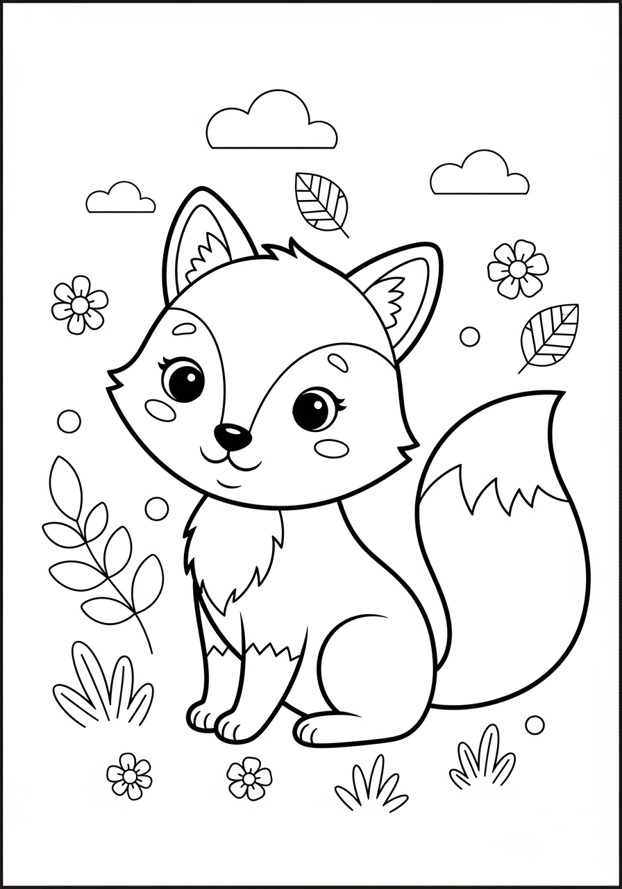 Desenho de Raposa Fofa em um cenário natural para colorir