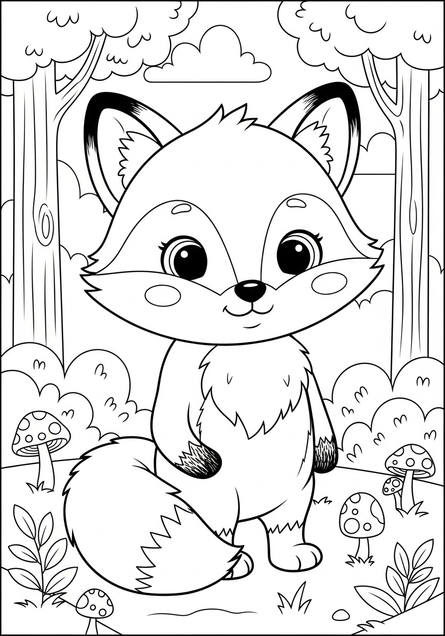 Desenho de Raposa Fofa em ambiente natural para colorir