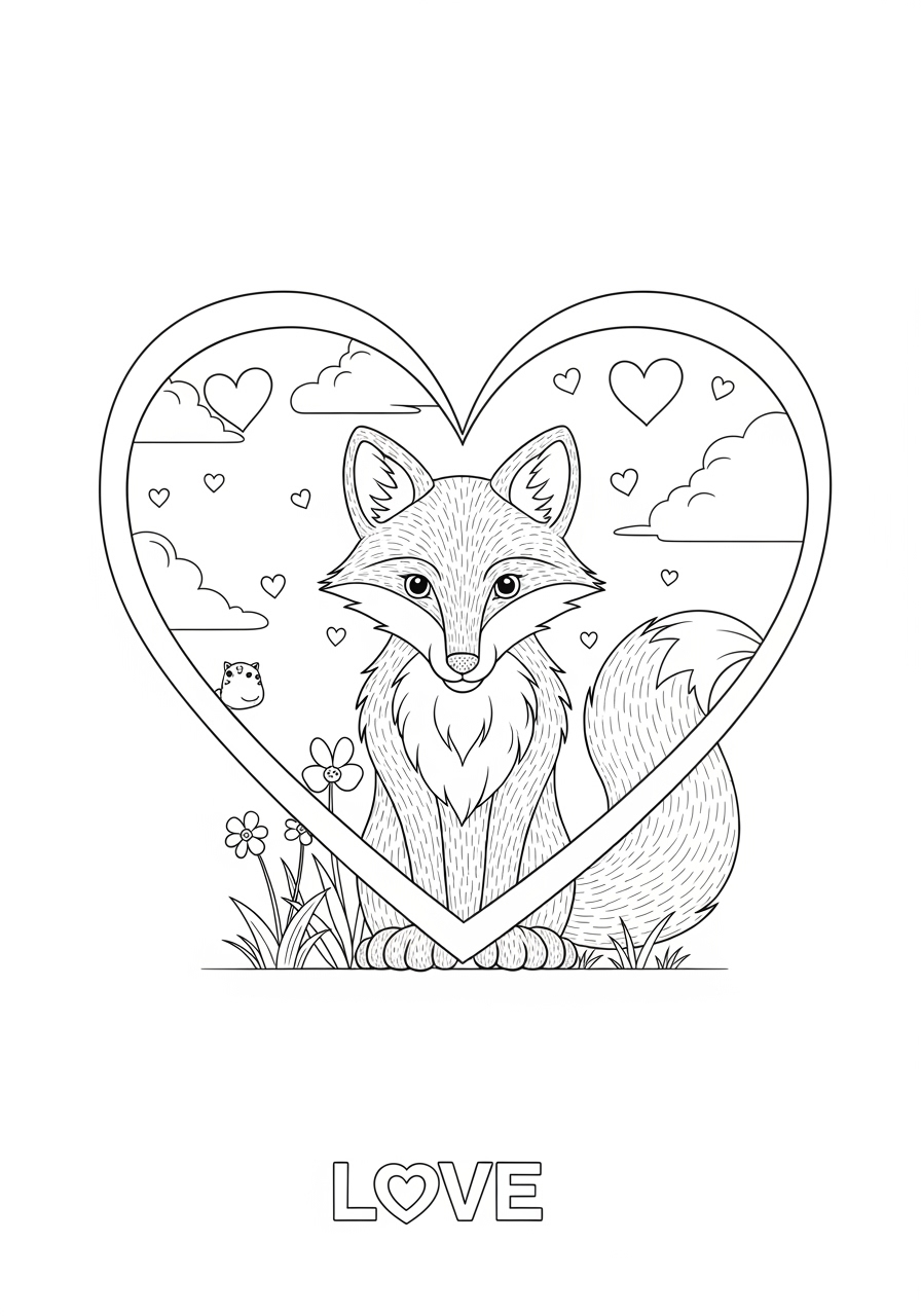 Desenho de Raposa com Coração e Pássaro para colorir