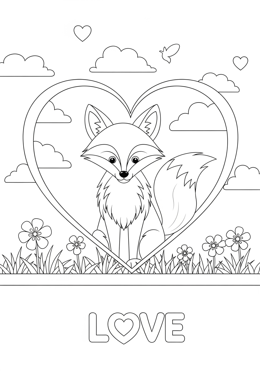 Desenho de Raposa Simples em Coração para colorir