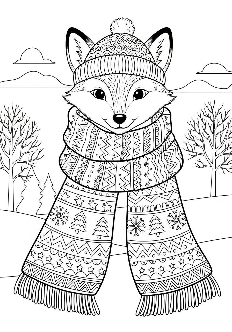 Desenho de Raposa Fofa com Cachecol para colorir
