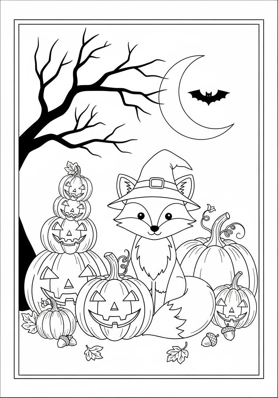 Desenho de Raposa Fofa com Abóboras para colorir