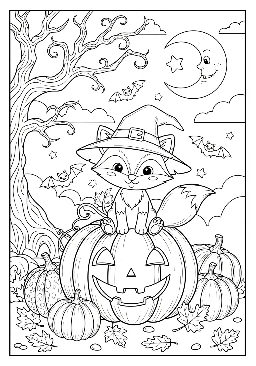 Desenho de Raposa Fofa em Abóbora para colorir