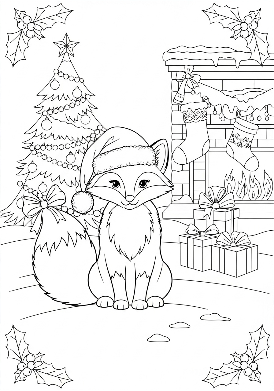 Desenho de Raposa Natalina com Árvore e Presentes para colorir