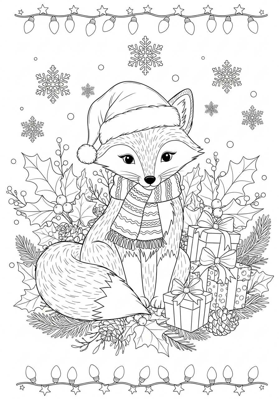 Desenho de Raposa Fofa com Colete e Presentes para colorir