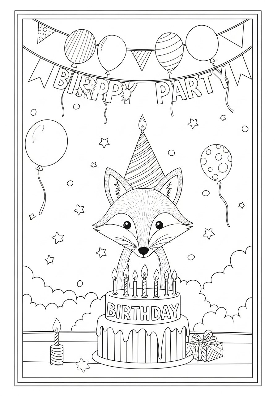 Desenho de Raposa Aniversário com bolo e balões para colorir