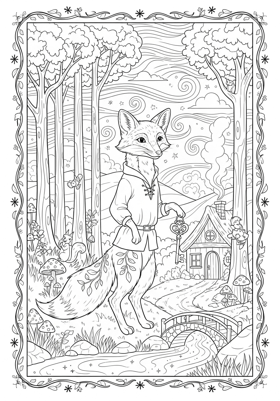 Desenho de Raposa Bonita caminhando em um cenário natural