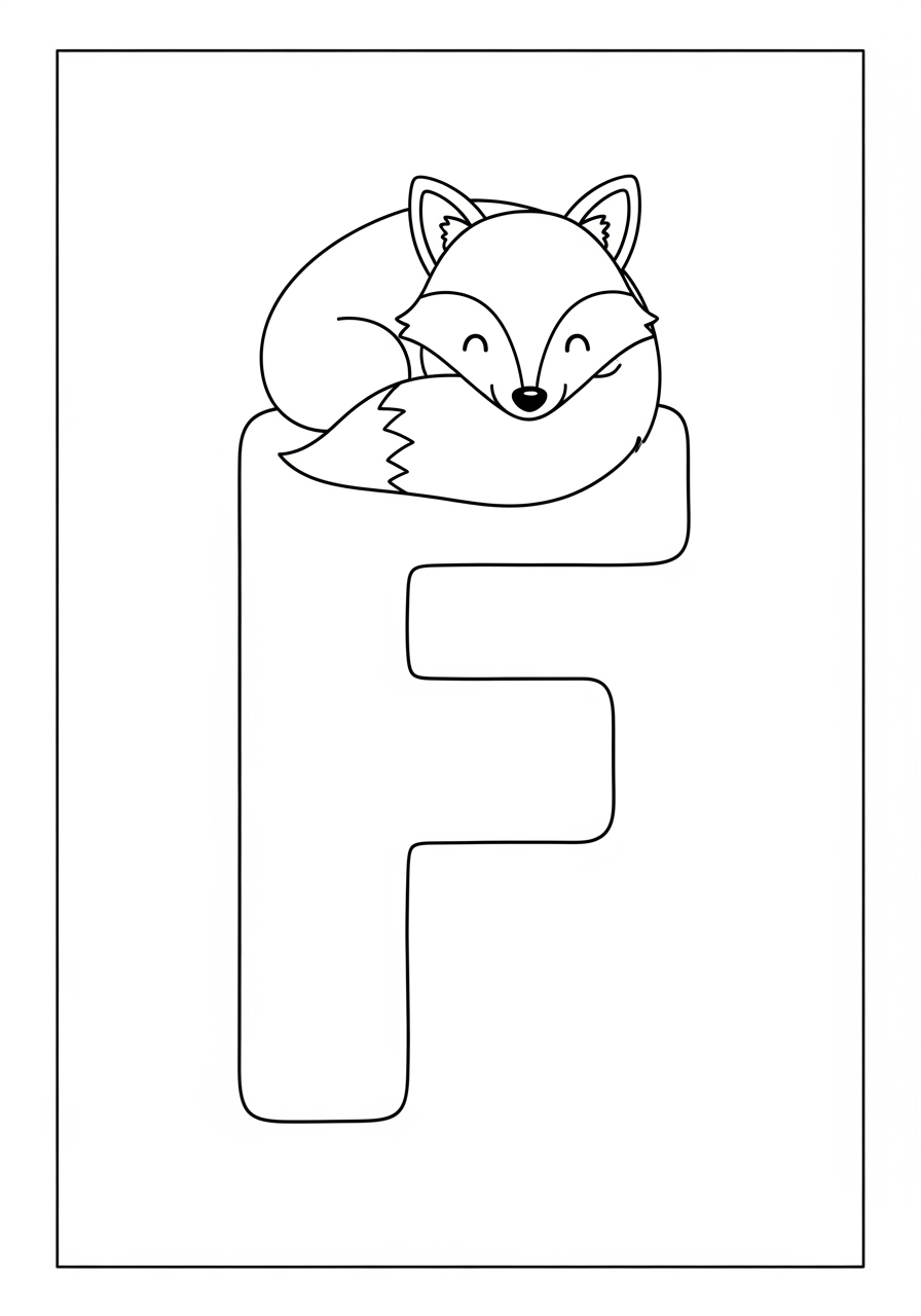 Desenho de Raposa Fofa sobre a letra F para colorir
