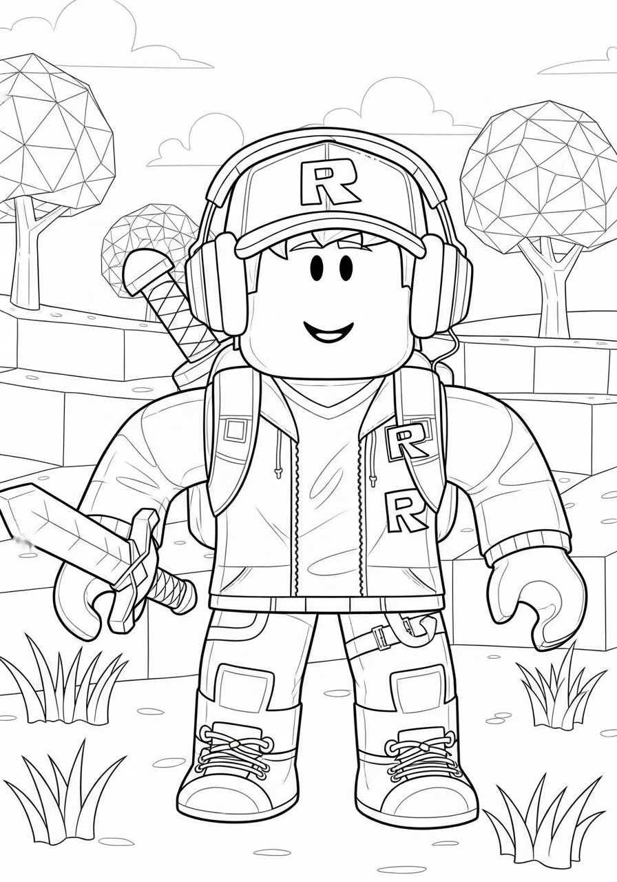 Desenho Roblox de personagem com espada para imprimir e colorir