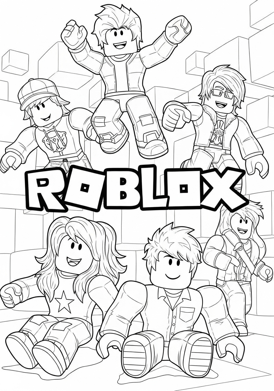 Desenho Roblox com personagens saltando para imprimir e colorir