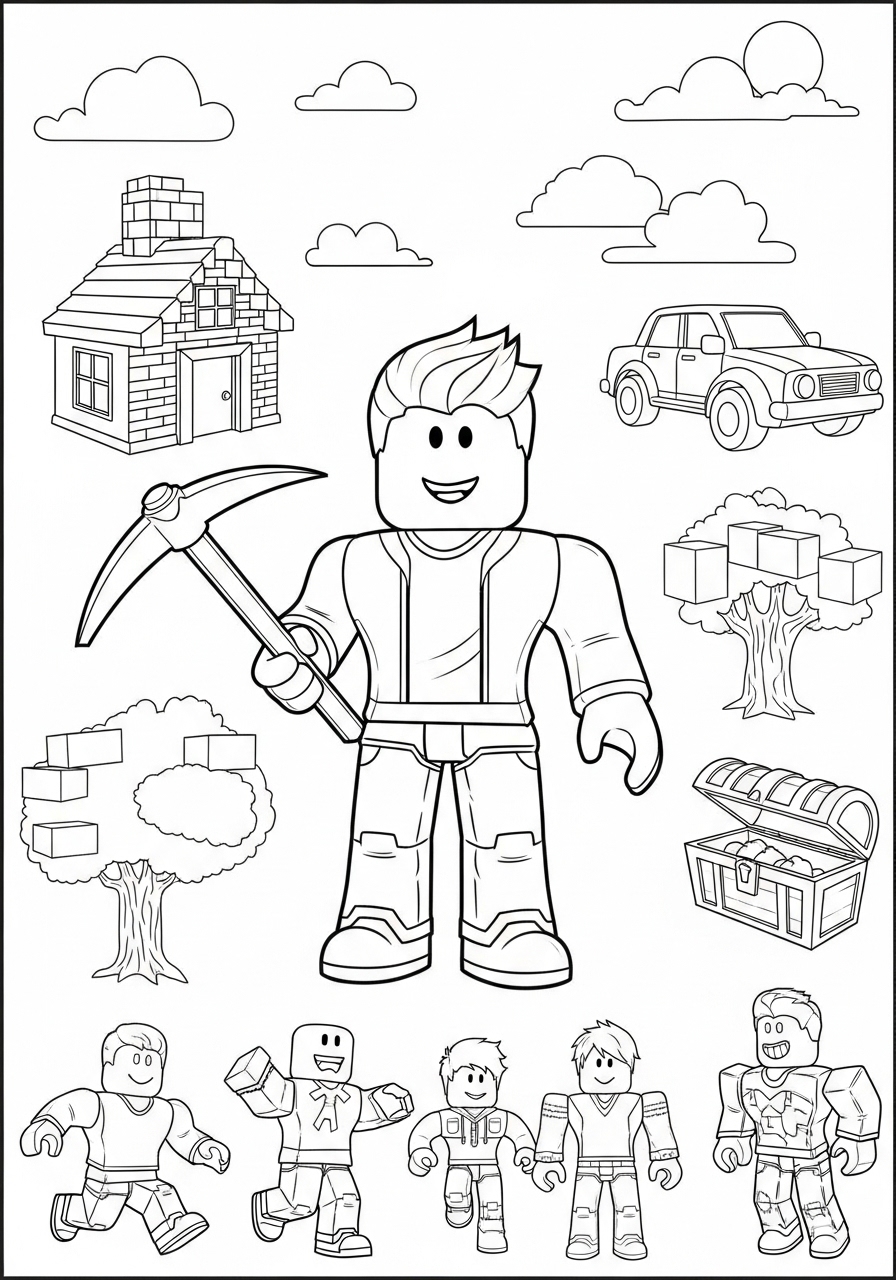 Desenho Roblox com personagens e objeto para imprimir e colorir
