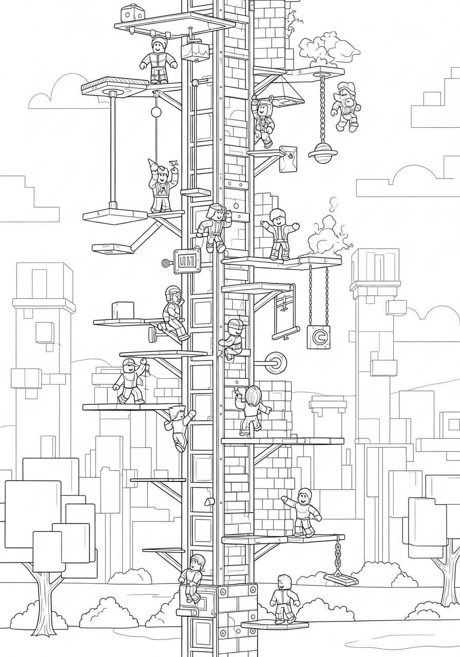 Desenho Roblox de personagens em uma torre para imprimir e colorir