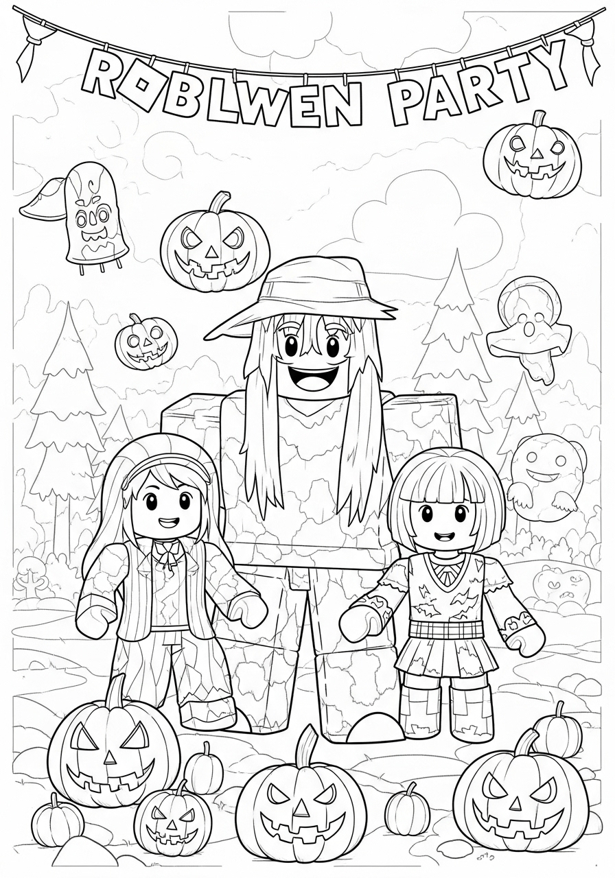 Desenho Roblox de festa com personagens e abóboras