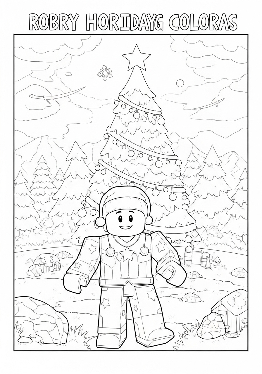Desenho Roblox personagem próximo a árvore de Natal