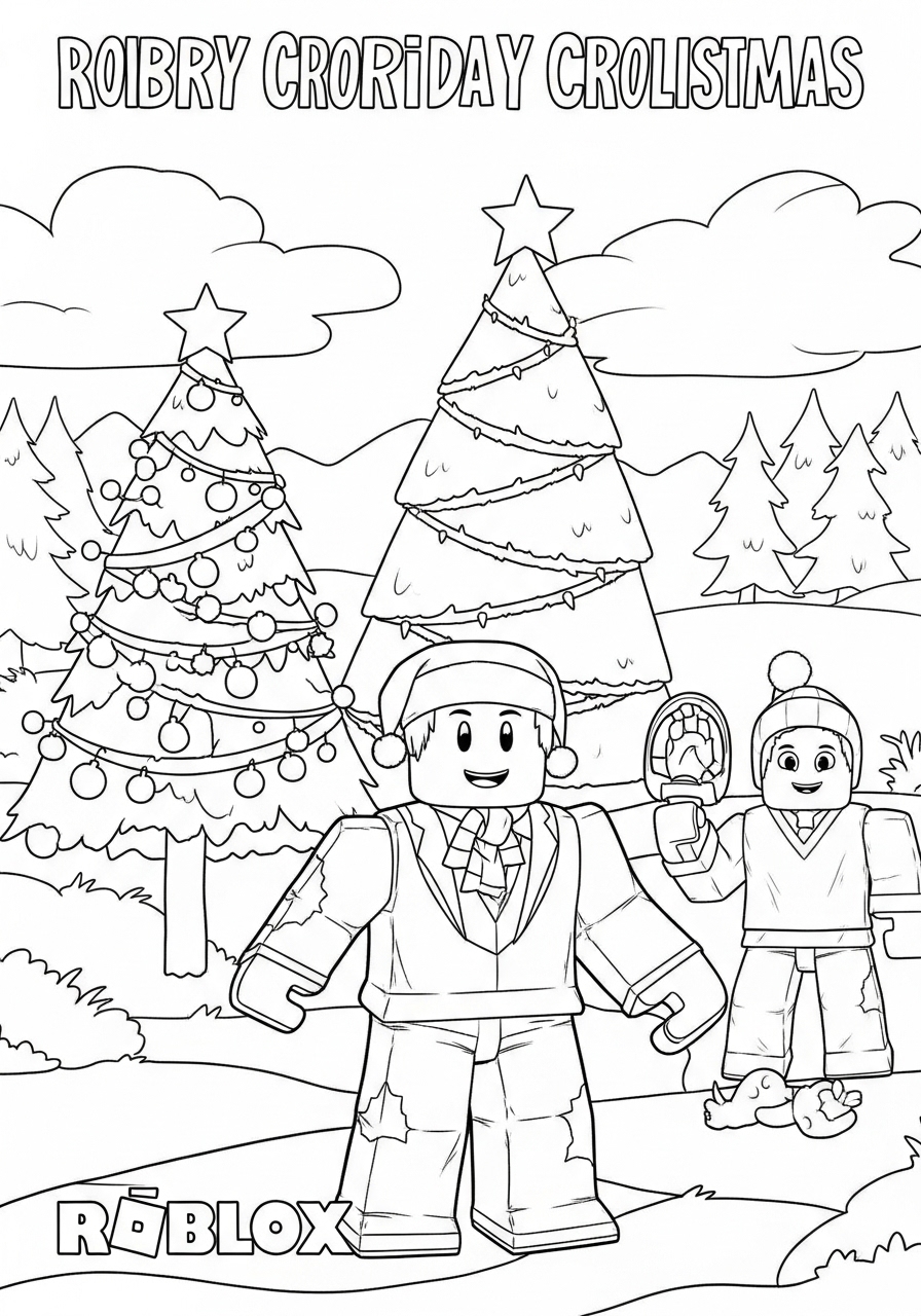 Desenho Roblox de Natal com árvores e personagens felizes