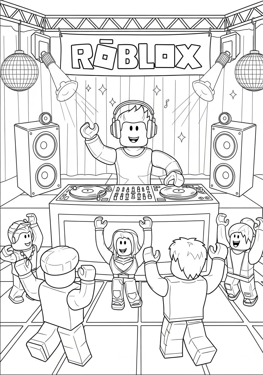 Desenho Roblox de festa com DJ e personagens para colorir