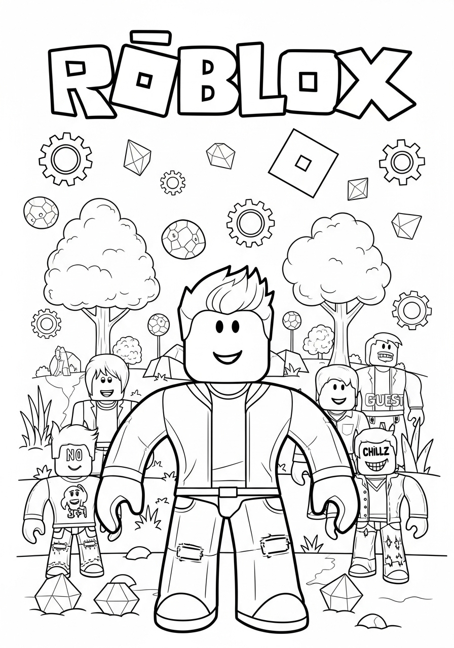 Desenho Roblox com personagens e elementos da natureza