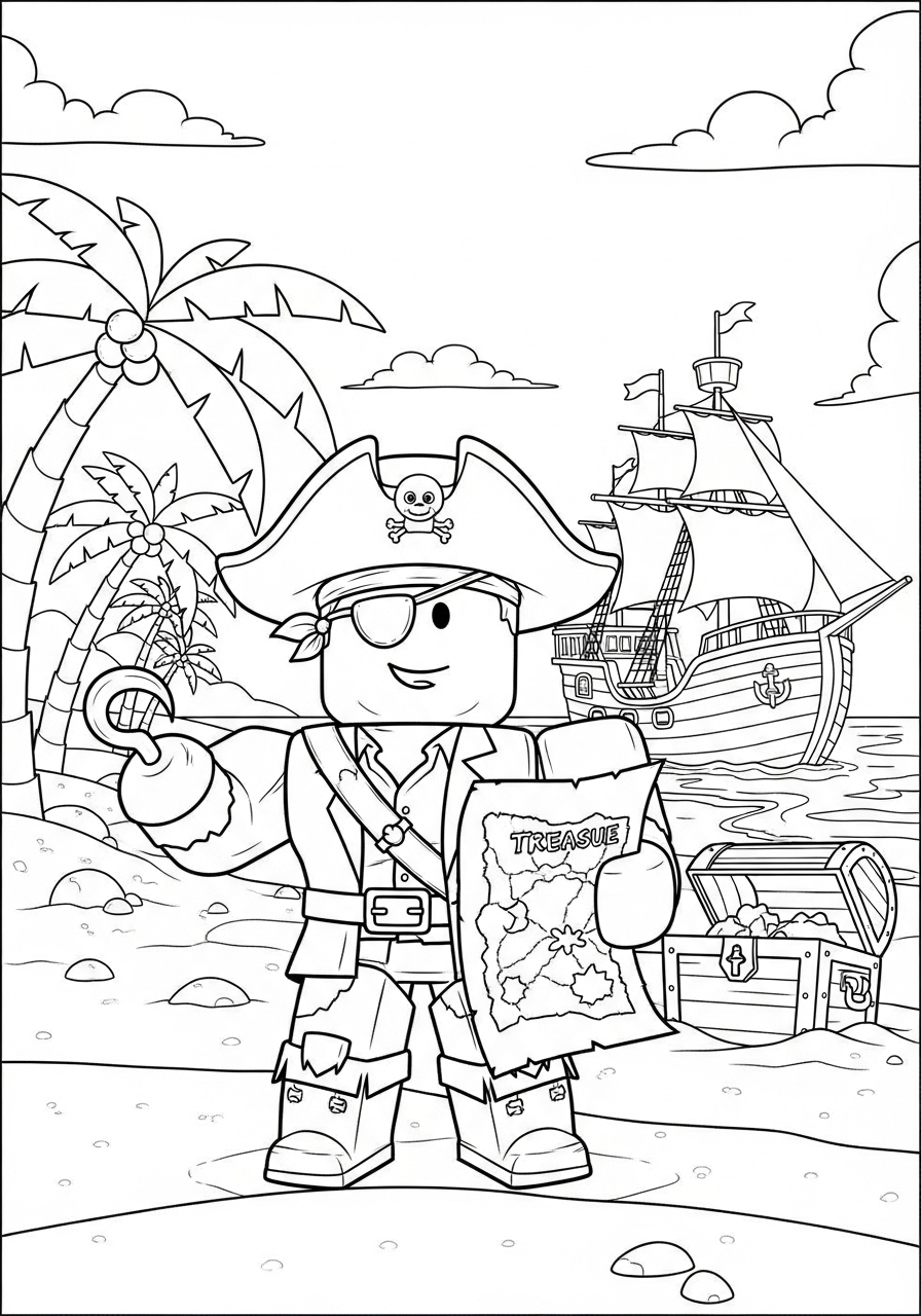 Desenho Roblox pirata segurando mapa para imprimir e colorir