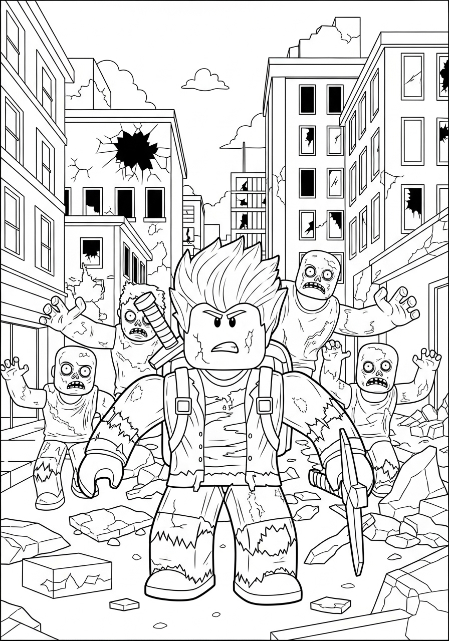 Desenho Roblox de personagem em cidade destruída para colorir