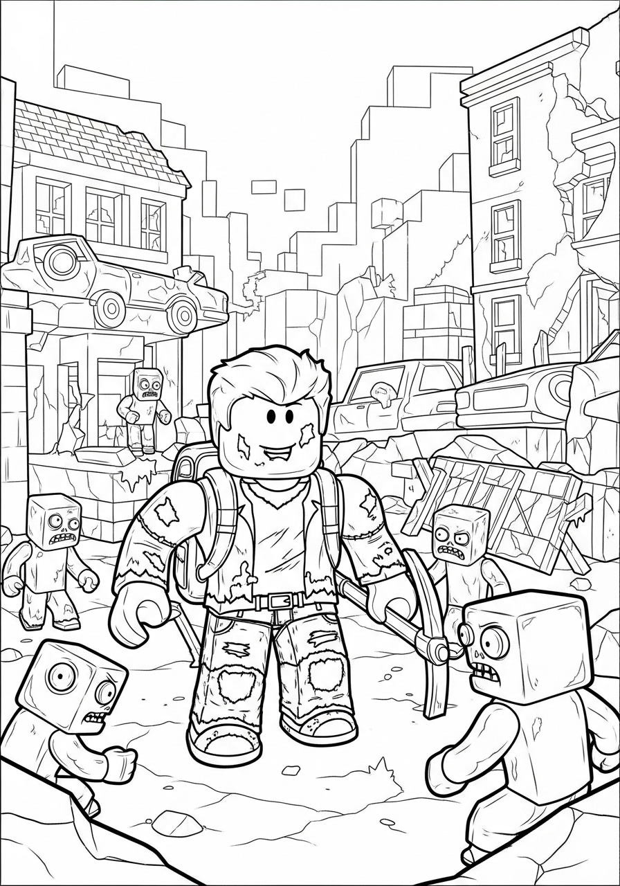 Desenho Roblox de personagem em cidade destruída para colorir