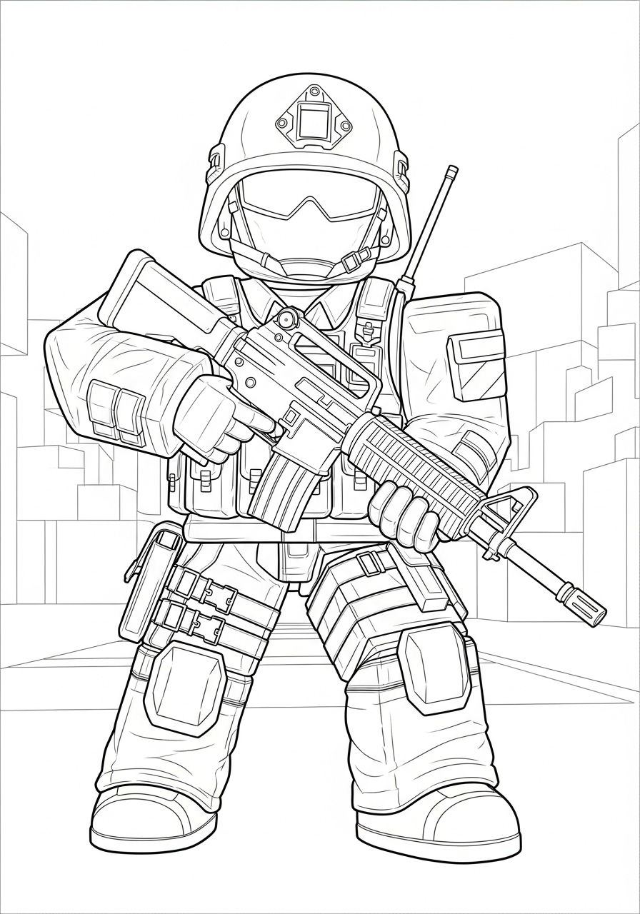 Desenho Roblox de soldado com arma para imprimir e colorir