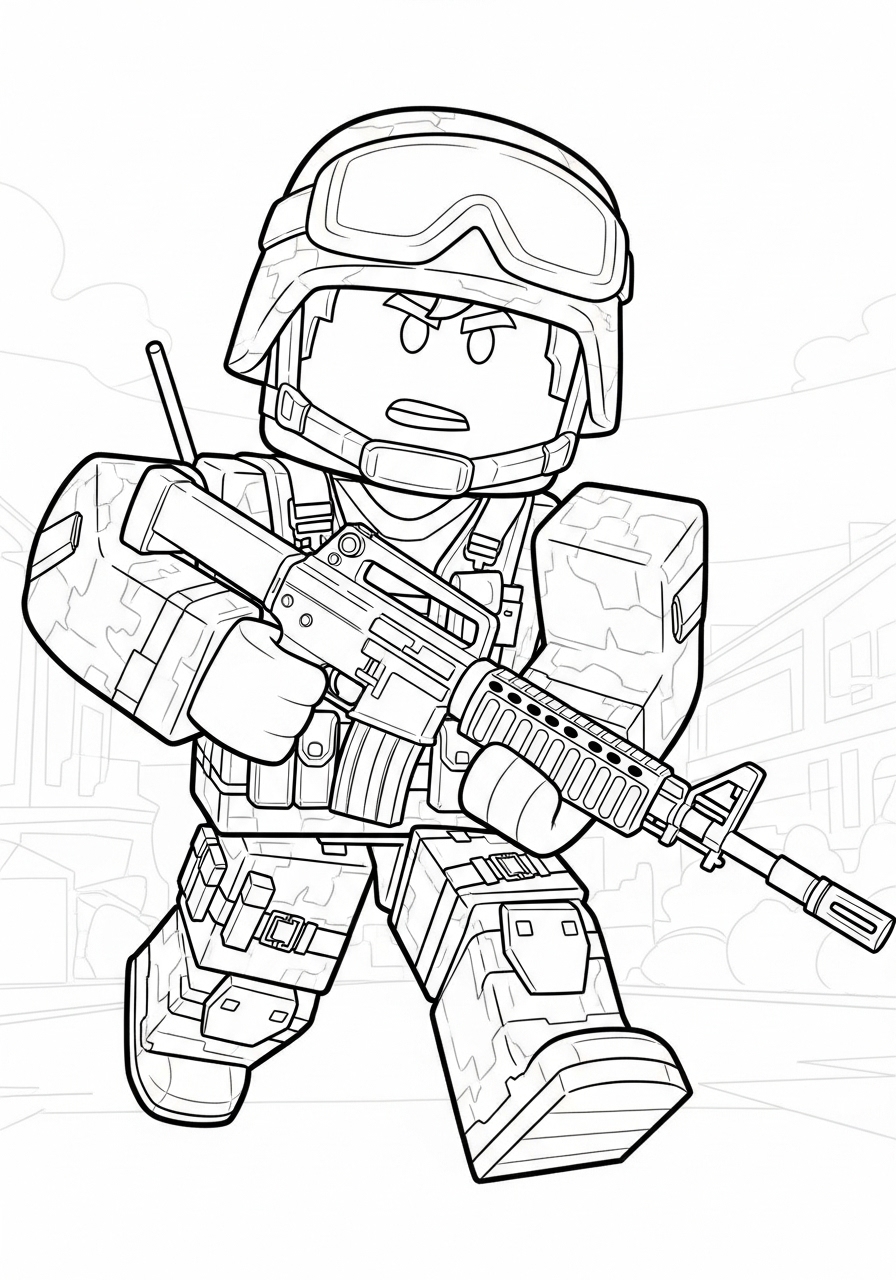 Desenho Roblox de soldado com arma para imprimir e colorir