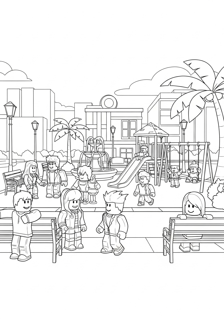 Desenho Roblox em um parque com personagens para imprimir e colorir