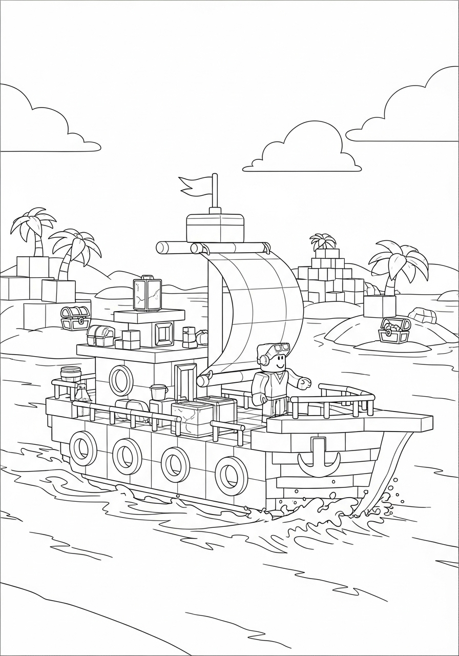 Desenho Roblox de barco navega em oceano para imprimir e colorir