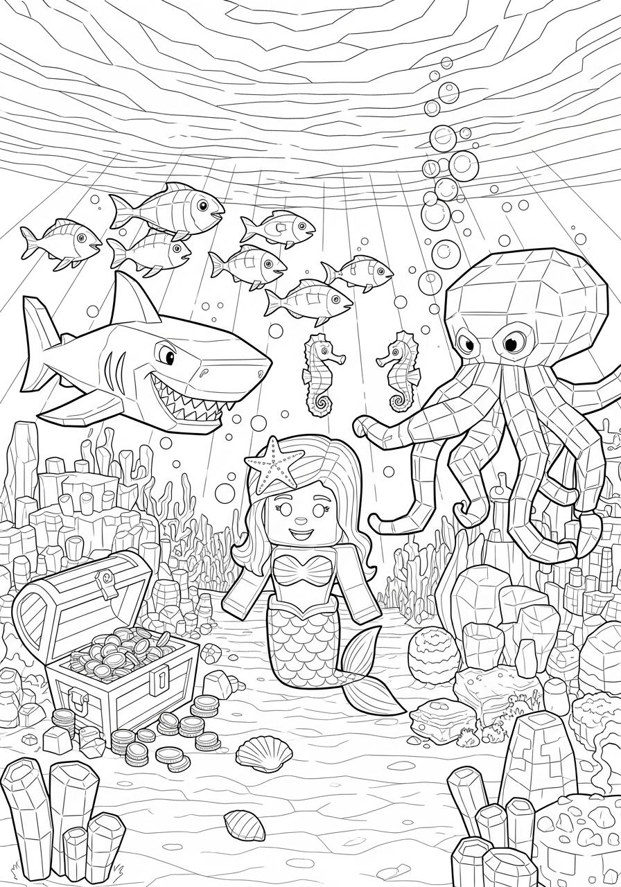 Desenho Roblox de uma sereia explorando o fundo do mar