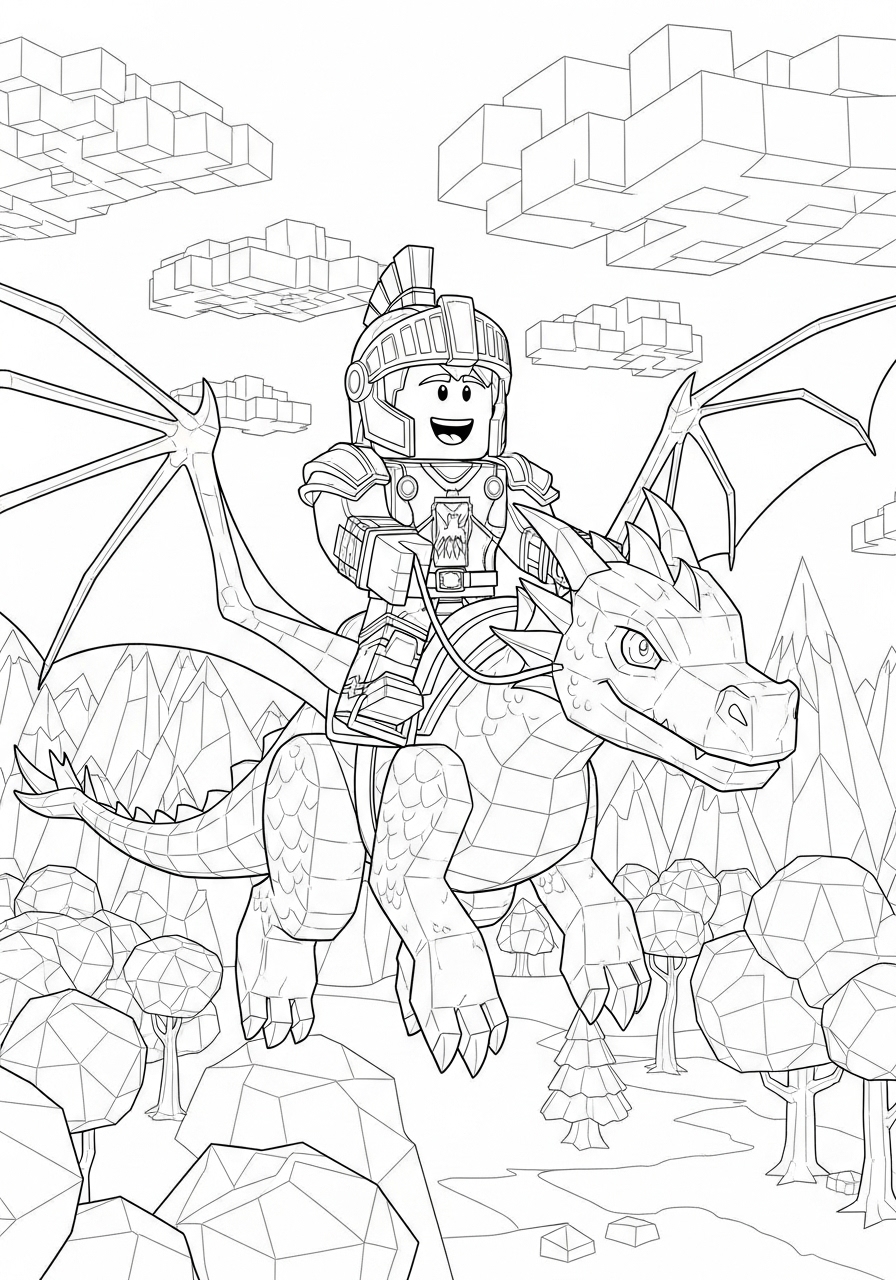 Desenho Roblox de um cavaleiro montado em um dragão