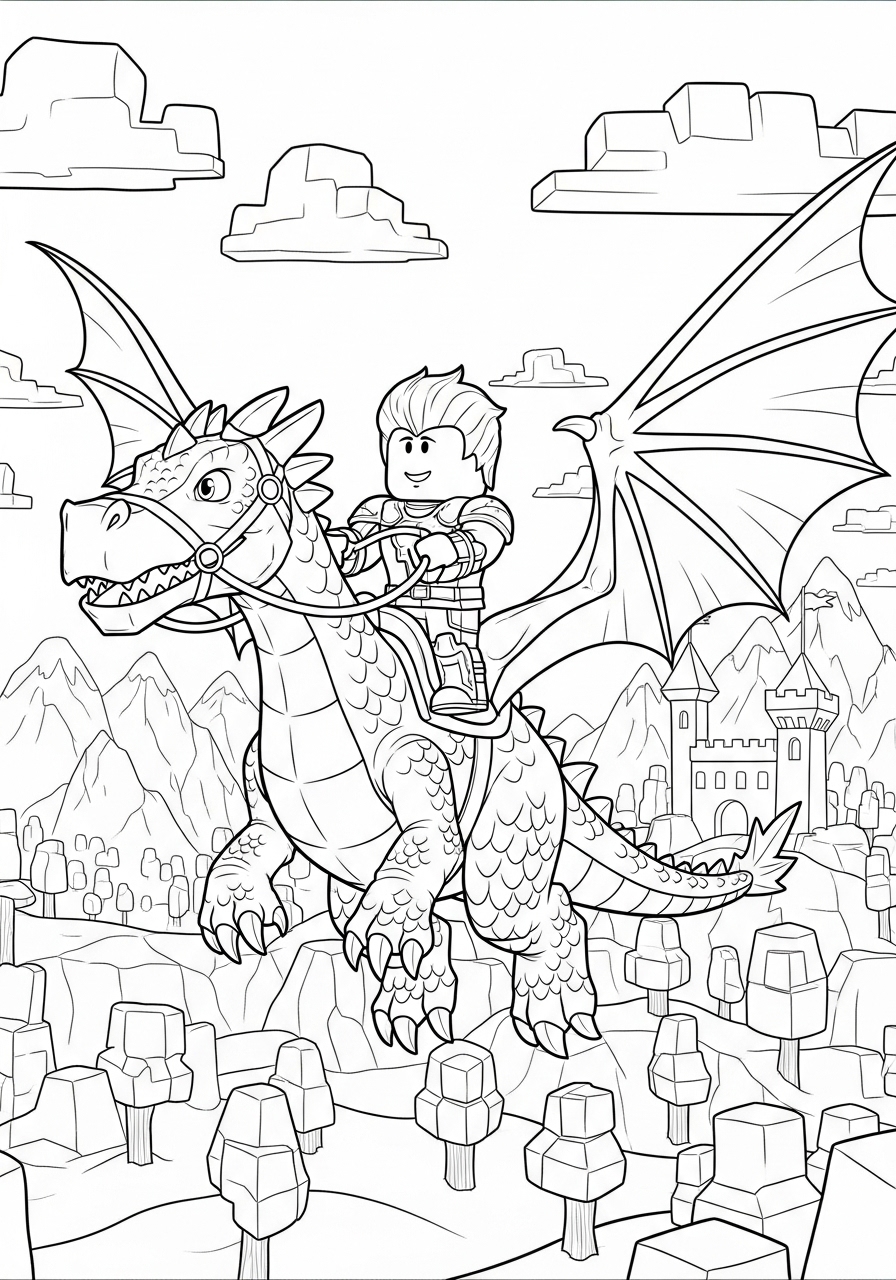Desenho Roblox de um personagem montado em um dragão