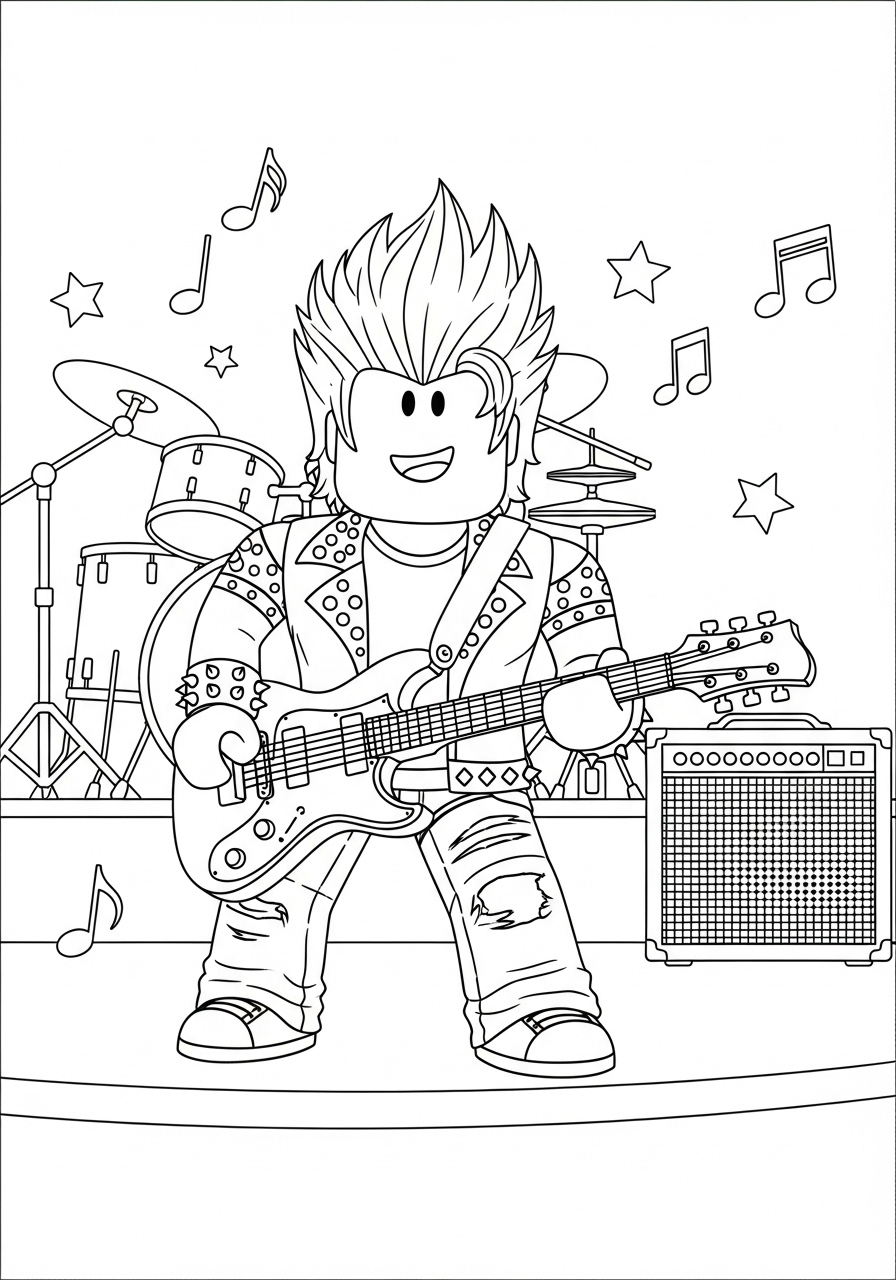 Desenho Roblox de um músico com guitarra para imprimir e colorir