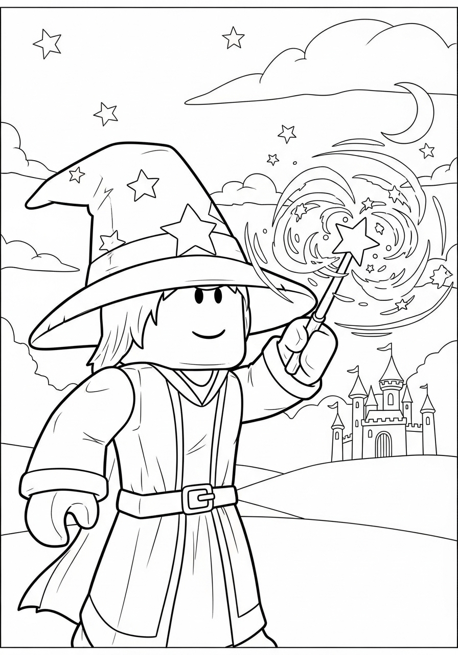 Desenho Roblox de um mago com varinha para imprimir e colorir